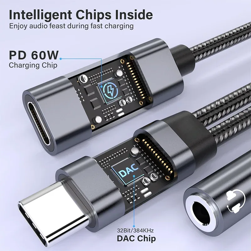 2 in 1 USB C to 3.5mm Headphone and Charger Adapter USB C PD 3.0 Port to Aux Audio Jack Fast Charging Dongle Cable Cord