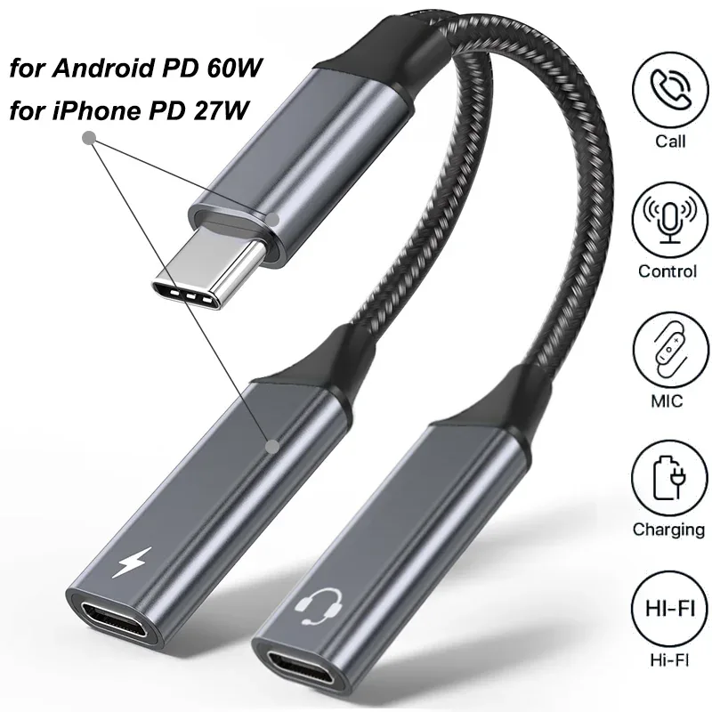 2 in 1 USB C to 3.5mm Headphone and Charger Adapter USB C PD 3.0 Port to Aux Audio Jack Fast Charging Dongle Cable Cord