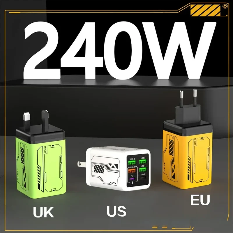 240W 6 Ports USB C Charger Fast Charging EU/US/UK Wall Charger For iPhone Samsung Xiaomi Type C Quick Charge Phone Power Adapter