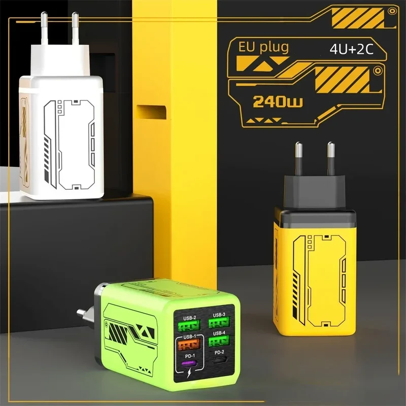 240W 6 Ports USB C Charger Fast Charging EU/US/UK Wall Charger For iPhone Samsung Xiaomi Type C Quick Charge Phone Power Adapter