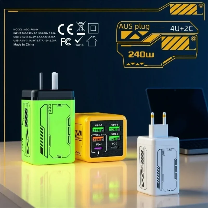 240W 6 Ports USB C Charger Fast Charging EU/US/UK Wall Charger For iPhone Samsung Xiaomi Type C Quick Charge Phone Power Adapter