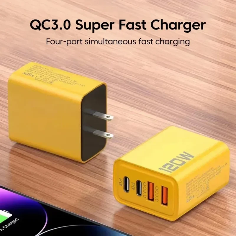 Total 120W 4-Port USB Type C Fast Wall Adapter for Quick Charge Mobile Phone