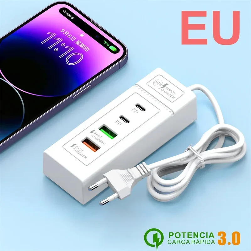 USB C Charger Power Strip Multi Ports Fast Charging EU/US/UK Plug Power Adapter Quick Charge 3.0 PD Type C Wall Charger Socket