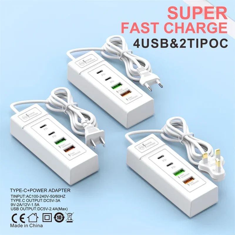 USB C Charger Power Strip Multi Ports Fast Charging EU/US/UK Plug Power Adapter Quick Charge 3.0 PD Type C Wall Charger Socket
