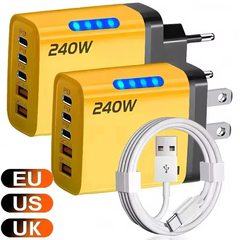 Total 240W Power GaN Charger 5 in 1 Fast Charging Charger PD Adapter For iPhone Samsung Xiaomi Huawei Laptop Tablet 2USB 3C