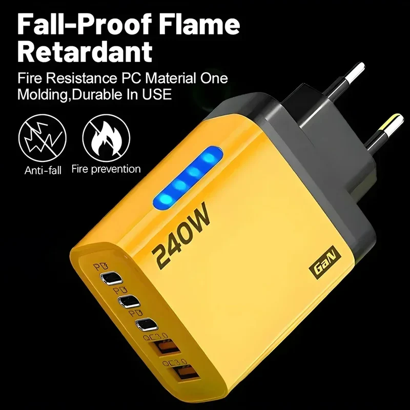 Total 240W Power GaN Charger 5 in 1 Fast Charging Charger PD Adapter For iPhone Samsung Xiaomi Huawei Laptop Tablet 2USB 3C