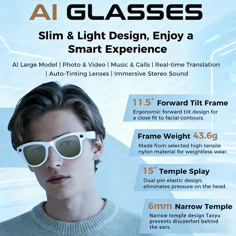 2026 New 800W Camera 3600mAh Portable Charger Smart Glasses 100+language Translation Bluetooth Call Music Player AI Chat Glasses