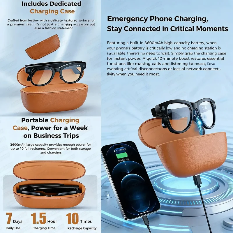 2026 New 800W Camera 3600mAh Portable Charger Smart Glasses 100+language Translation Bluetooth Call Music Player AI Chat Glasses