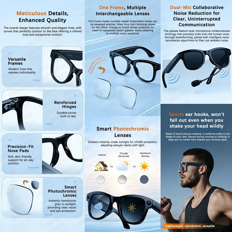 2026 New 800W Camera 3600mAh Portable Charger Smart Glasses 100+language Translation Bluetooth Call Music Player AI Chat Glasses