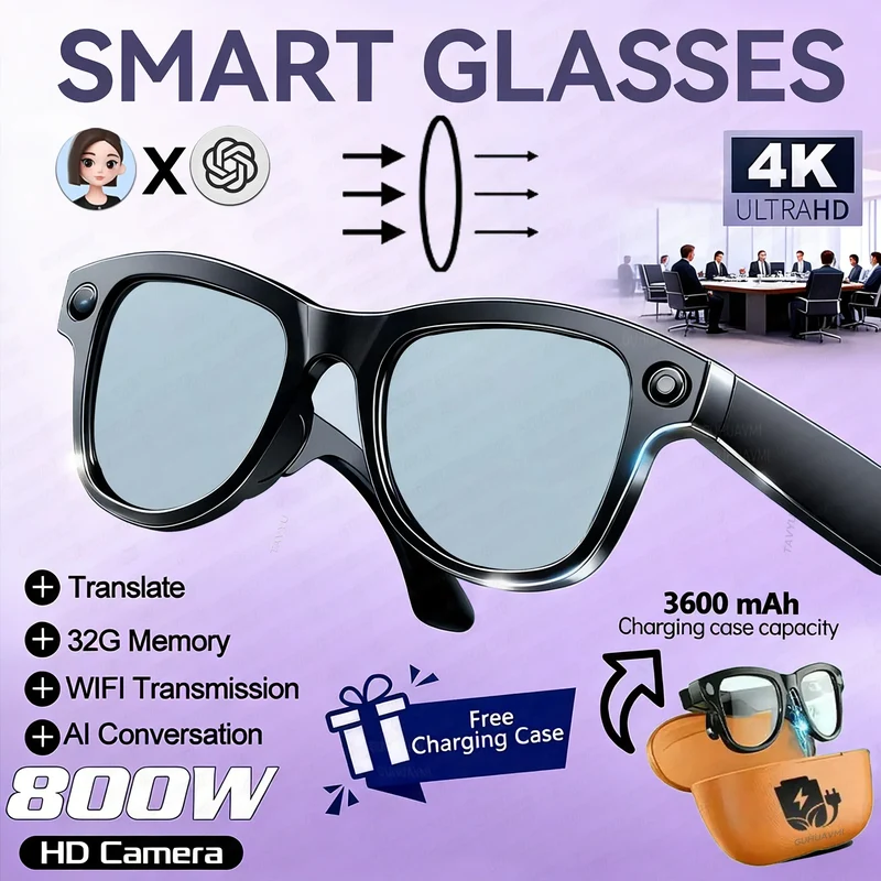 2026 New 800W Camera 3600mAh Portable Charger Smart Glasses 100+language Translation Bluetooth Call Music Player AI Chat Glasses