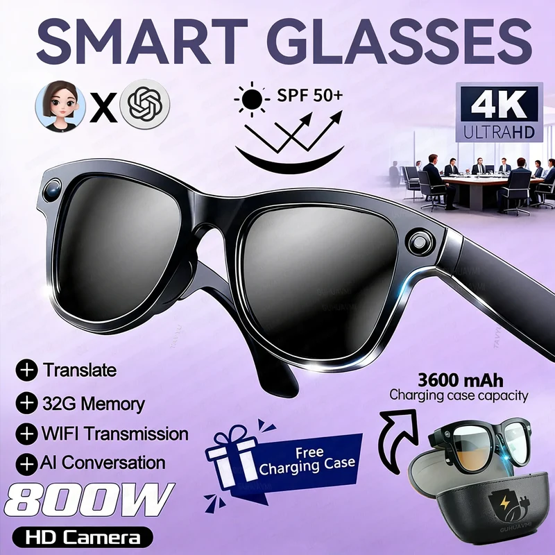 2026 New 800W Camera 3600mAh Portable Charger Smart Glasses 100+language Translation Bluetooth Call Music Player AI Chat Glasses