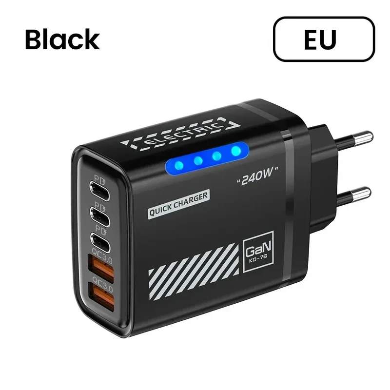 5 Port GaN USB C Charger 240W PD Fast Charging Adapter For iPhone 17 16 15 Pro Samsung Xiaomi Huawei Laptop Desktop PD Charger