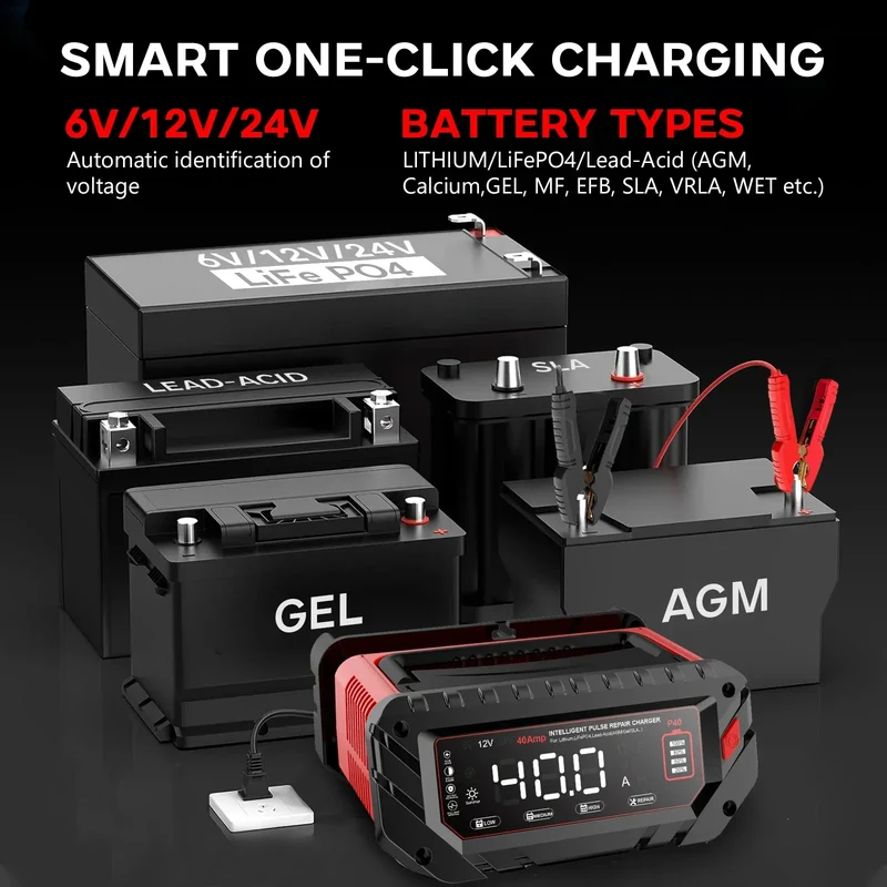 HTRC 40A Car Battery Charger 6V 12V 24V Charger for Lithium LiFePO4 Lead-acid AGM GEL Battery 9-stage Car Motorcycle Charger