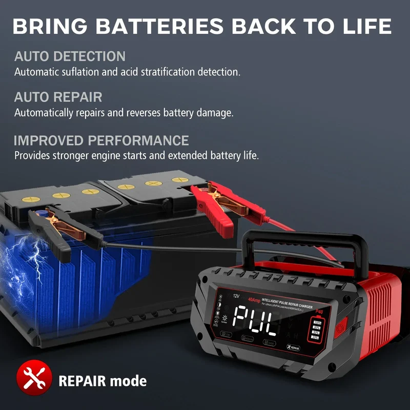 HTRC 40A Car Battery Charger 6V 12V 24V Charger for Lithium LiFePO4 Lead-acid AGM GEL Battery 9-stage Car Motorcycle Charger