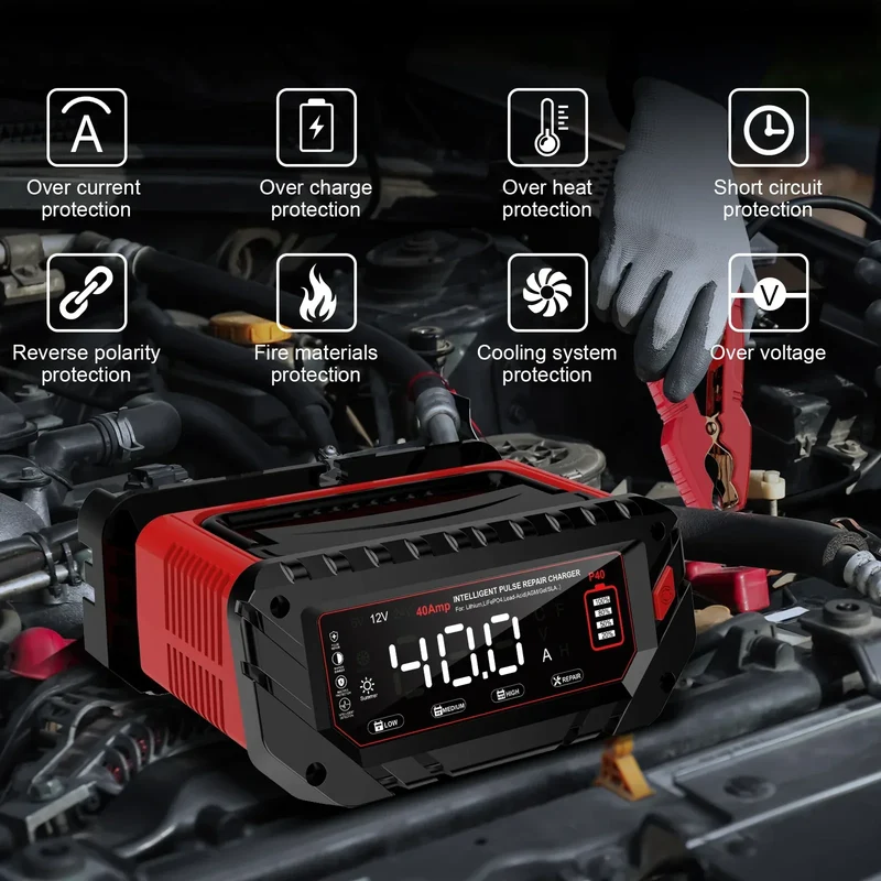 HTRC 40A Car Battery Charger 6V 12V 24V Charger for Lithium LiFePO4 Lead-acid AGM GEL Battery 9-stage Car Motorcycle Charger