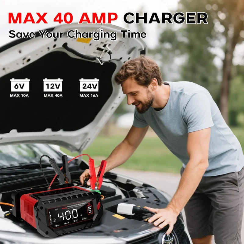 HTRC 40A Car Battery Charger 6V 12V 24V Charger for Lithium LiFePO4 Lead-acid AGM GEL Battery 9-stage Car Motorcycle Charger
