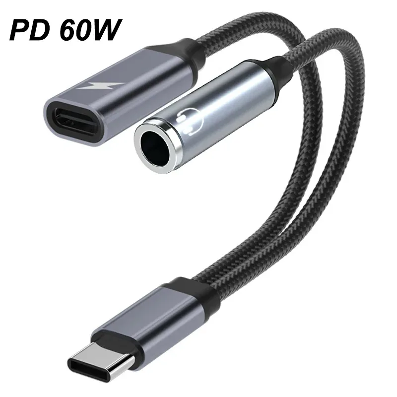 2 in 1 USB C Splitter to 3.5mm Headphone Jack and Charger Adapter PD 60W Fast Charging Audio Dongle for iPhone 15 16 17 Xiaomi