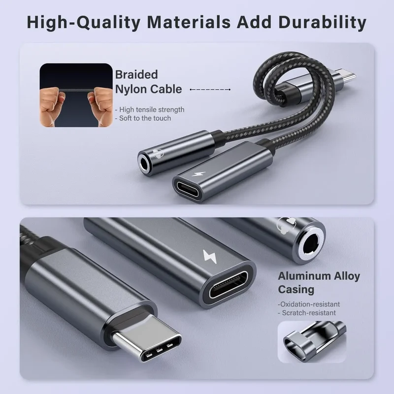2 in 1 USB C Splitter to 3.5mm Headphone Jack and Charger Adapter PD 60W Fast Charging Audio Dongle for iPhone 15 16 17 Xiaomi