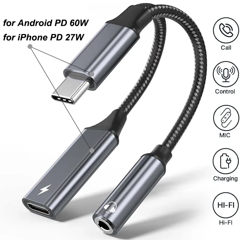 2 in 1 USB C Splitter to 3.5mm Headphone Jack and Charger Adapter PD 60W Fast Charging Audio Dongle for iPhone 15 16 17 Xiaomi