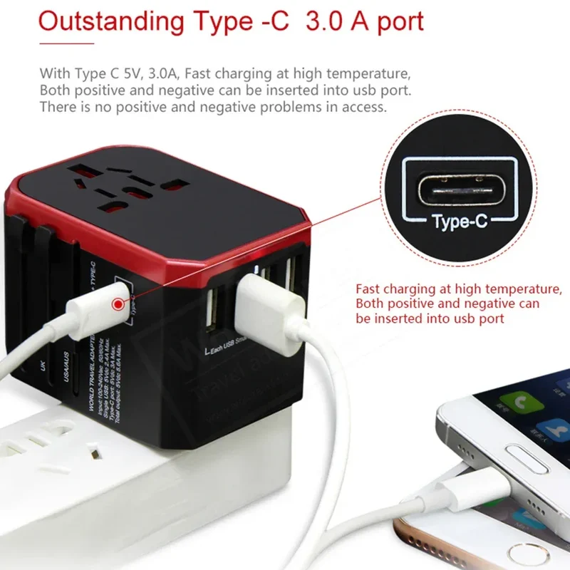 Melery Travel Smart Adapter International Plug Adaptor Wall USB Type C Charger AC Power US EU UK AU for iPhone iPad Android
