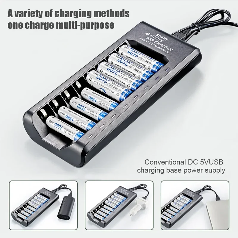 Rechargeable Battery Charger USB Output 8 Slots Fast Charging Short Circuit Protection for 1.2V NiMH AAA/AA Batteries Charger