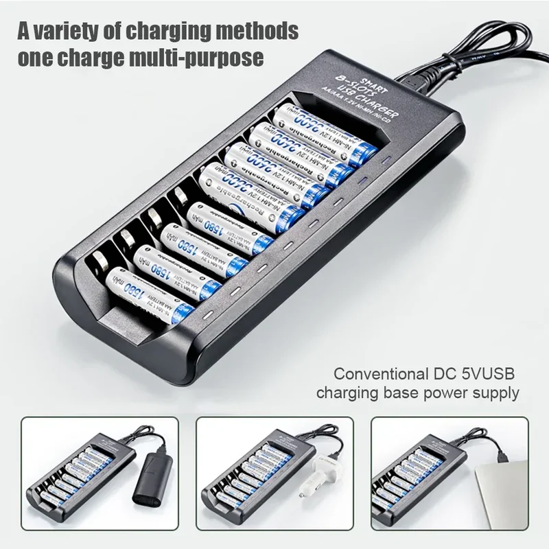 Rechargeable Battery Charger USB Output 8 Slots Fast Charging Short Circuit Protection for 1.2V NiMH AAA/AA Batteries Charger