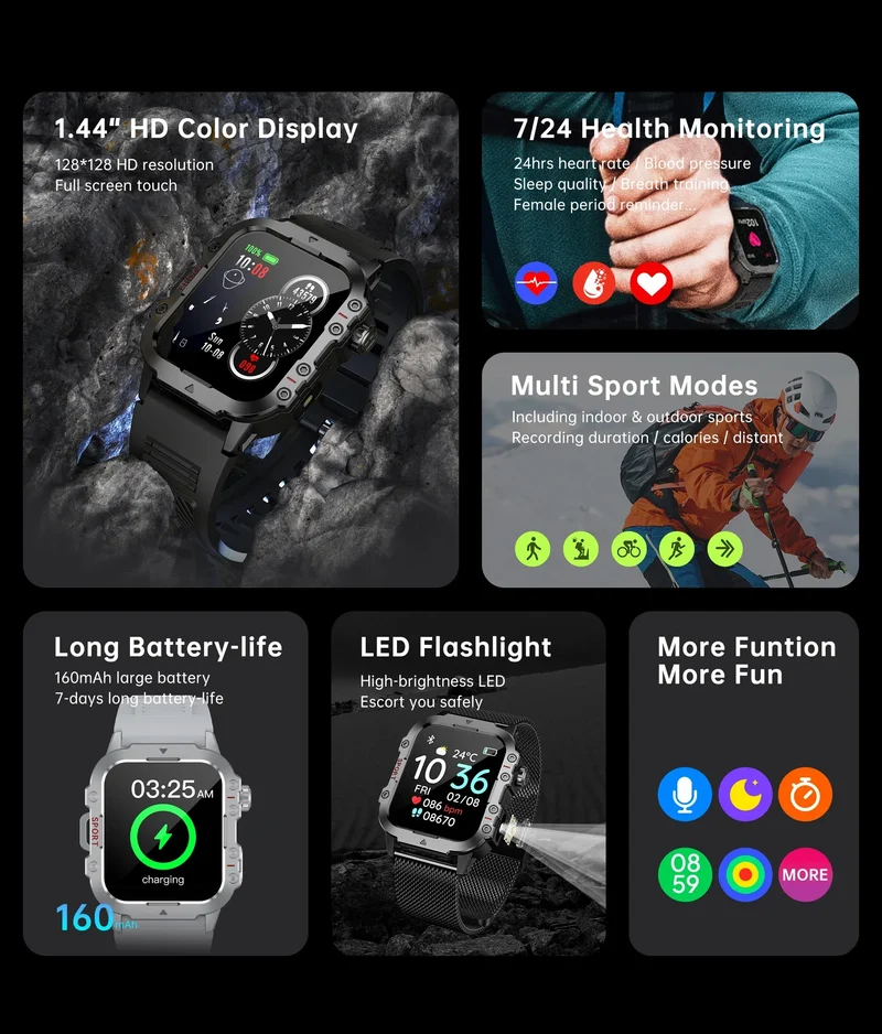 2025 New for Xiaomi Military Smart Watch Men IP67 3ATM Outdoor Sports Fitness Tracker Health Monitor 1.44Inch BT Call Smartwatch