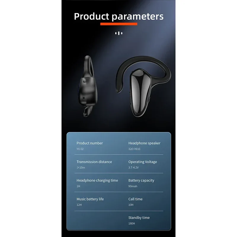 Single Wireless Bluetooth Headset Digital Display Air conduction Concept Right Ear Headphone Business Ear-mounted Earphones