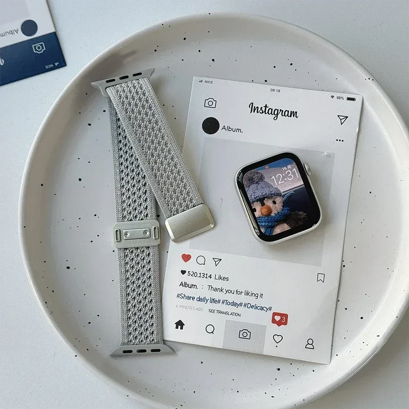Nylon Magnetic Band for Apple Watch 45mm 41mm 44 40mm Series 10 46mm 42mm Soft Bracelet for IWatch Ultra 49mm 9 7 8 6 5 4 Strap