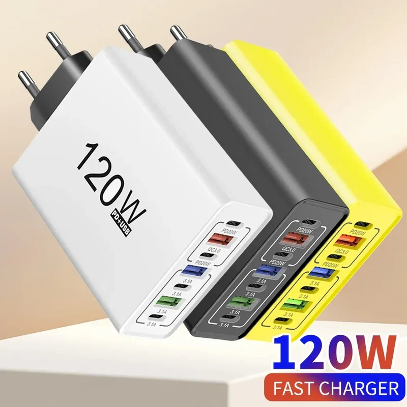 PD 120W USB Type C Fast Charging Mobile Phone Charger 7 Ports EU/US Plug Charger For iPhone Huawei Xiaomi Samsung Wall Charger
