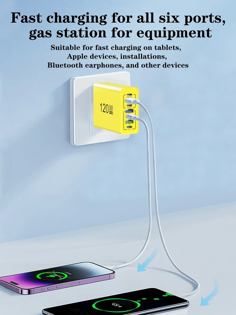 PD 120W USB Type C Fast Charging Mobile Phone Charger 7 Ports EU/US Plug Charger For iPhone Huawei Xiaomi Samsung Wall Charger