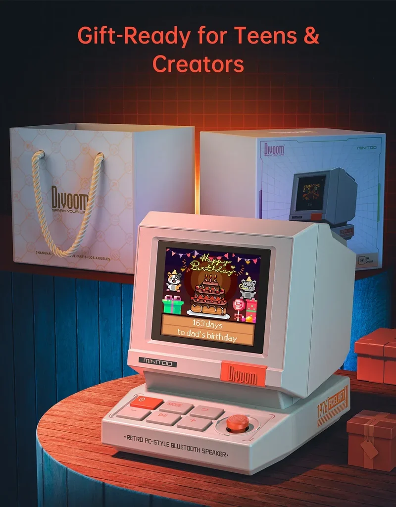 Divoom MiniToo Retro Bluetooth Speaker Portable Pixel Display Music Box Retro Computer Style Speaker Gift