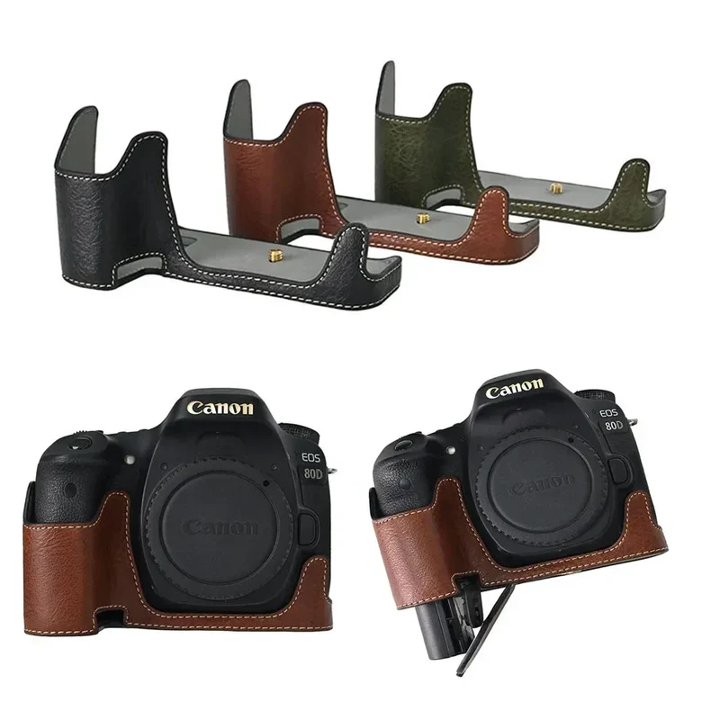 Camera Half Case PU Leather for Canon EOS 60D 70D 80D 90D Bottom Opening Magnetic Cover With Shoulder Strap