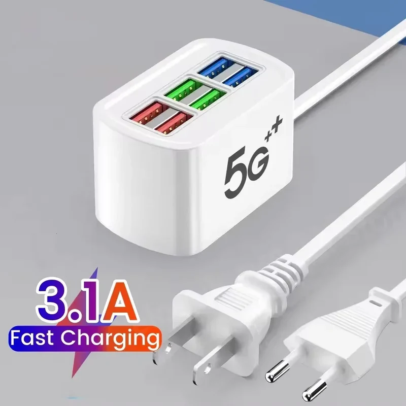 Fast Charging Desktop Power Strip 6-in-1 USB Charger Station with 1M Cord Quick Charge for iPhone 16 17 Samsung Xiaomi Huawei