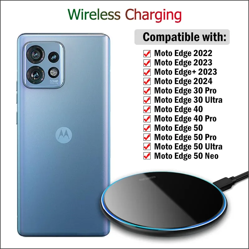 Wireless charger suitable for Motorola Edge 40 50 Pro 30 Ultra 50 Neo Moto Edge 2023 2024 15W fast charging, with USB cable