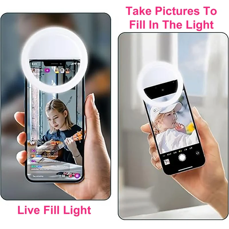 Universal Clip-On LED Selfie Ring Light, Rechargeable and Portable with 3 Adjustable Brightness Levels for All Phones