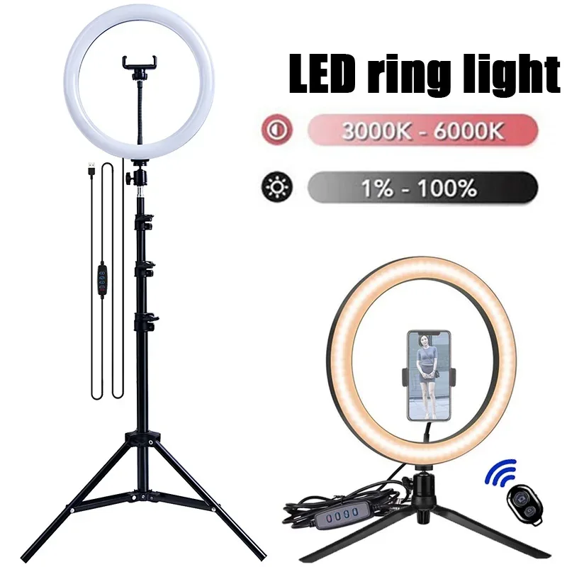 16/26/33cm LED Selfie Light Photography Lights With Tripod Bluetooth Remote Control Dimmable Ring Light For Video Live Fill Lamp